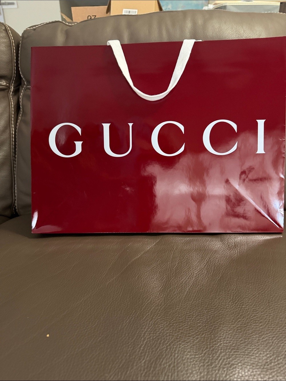 Gucci Burgundy Glossy Logo Tote with White Handles
